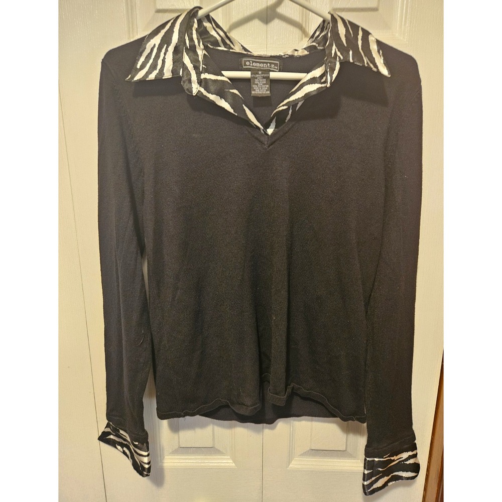 Elements Knit Sweater Top Medium M Black V-Neck Zebra Stripe Satin Collar Y2K